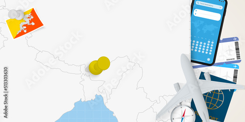 Travel to Bhutan concept, map with pin on map of Bhutan. Vacation preparation map, flag, passport and tickets.