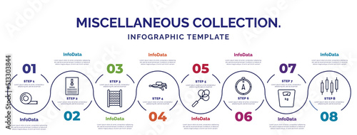 infographic template with icons and 8 options or steps. infographic for miscellaneous collection. concept. included adhesive tape, washboard, flame thrower, carpet beater, compass pointing north,