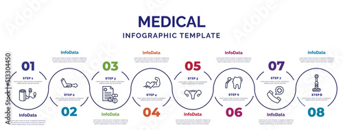 infographic template with icons and 8 options or steps. infographic for medical concept. included blood pressure, prescription, fit, uterus, dental drill, emergency call, electric toothbrush icons.