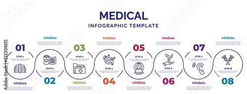 infographic template with icons and 8 options or steps. infographic for medical concept. included x ray, medical records, pancreas, scan, antibiotic, ear, crutches icons.