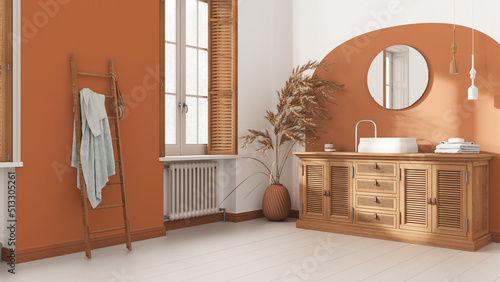 Vintage bathroom in white and orange tones, rattan wooden washbasin, chest of drawers, mirror, towel rack and decor. Parquet and window with shutters. Modern interior design