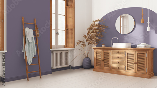 Vintage bathroom in white and purple tones, rattan wooden washbasin, chest of drawers, mirror, towel rack and decor. Parquet and window with shutters. Modern interior design