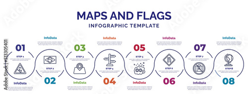 infographic template with icons and 8 options or steps. infographic for maps and flags concept. included land slide, map localization, vintage, co2, narrow right lane, no luggage, earth gobe icons.