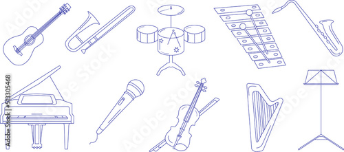 Vector outline black and white illustration set of musical instruments, xylophone, saxophone, grand piano, microphone, violin, harp, music stand,guitar,  drum set