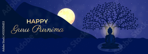 Happy Guru Purnima Gautama Buddha, Bodhi Tree, Moon, Night Sky, silhouette, stars, Mountains. Traditional Festival Horizontal Poster Banner Template Vector Illustration. Social media, website header