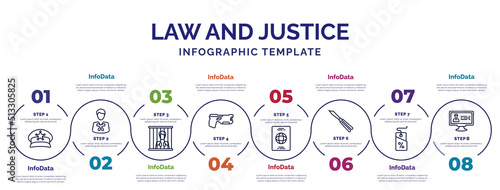 infographic template with icons and 8 options or steps. infographic for law and justice concept. included police cap, guilty, electroshock weapon, immigration, butterfly knife, bargain, criminal