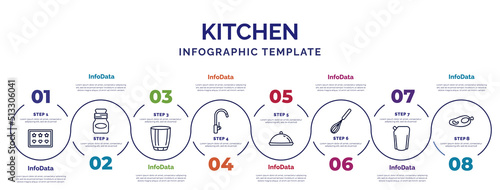 infographic template with icons and 8 options or steps. infographic for kitchen concept. included molded, glass, kitchen tap, platter, beater, ketchup, broiler icons.
