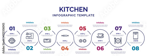 infographic template with icons and 8 options or steps. infographic for kitchen concept. included paella, bun warmer, rolling pin, cookie cutter, saucer, dinner, dishwasher icons.