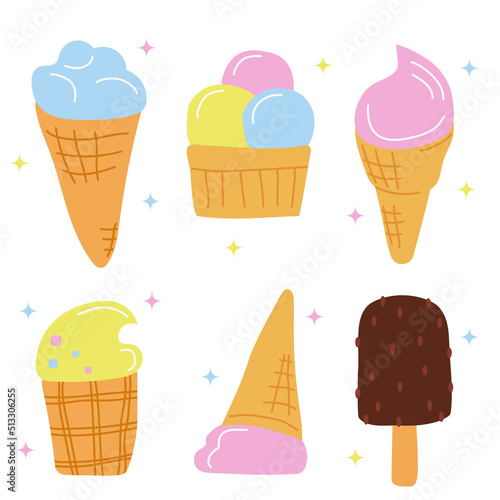 Hand drawn cheerful set of delicate ice cream in waffle cups, cone and on stick in style of doodle. Strawberry, pistachio, vanilla ice cream. Simple color icon. Flat vector illustration
