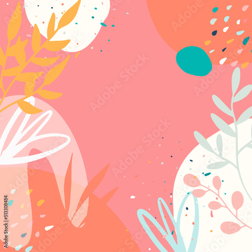 Minimalist abstract square background with outline leaves and Scandinavian color theme