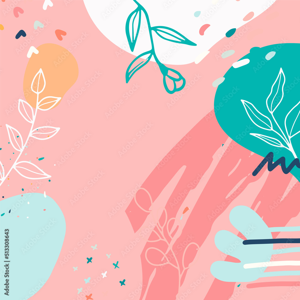 Minimalist abstract square background with outline leaves and Scandinavian color theme