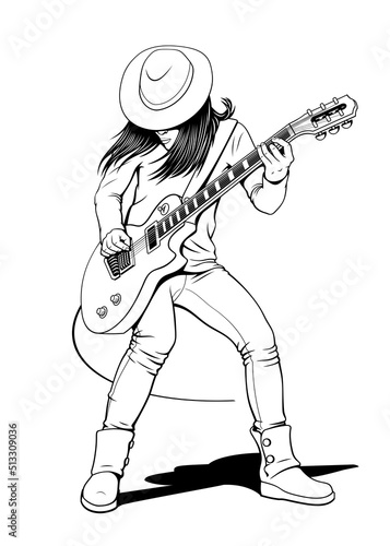 Rock Guitar Player. Girl playing electric guitar. Vector Ink Style Outline Drawing. Coloring Page.