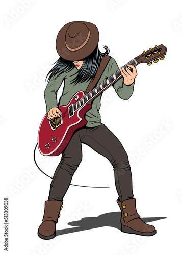 Rock Guitar Player. Girl in hat playing electric guitar. Pin Up, Pop Art style. Vector drawing.