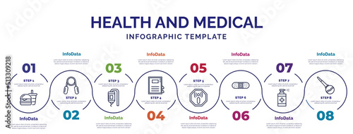 infographic template with icons and 8 options or steps. infographic for health and medical concept. included fast food, medical drip, medical book, non ionizing radiation, band aid, desinfectant,