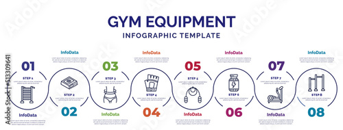 infographic template with icons and 8 options or steps. infographic for gym equipment concept. included swedish wall, waist, training gloves, jumping rope, supplement, elliptical, pull up bar icons.