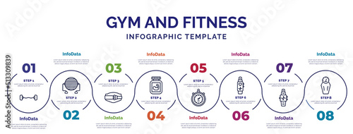 infographic template with icons and 8 options or steps. infographic for gym and fitness concept. included dumbbells bar, lumbar belt, phytonutrients, big stopwatch, fitness tracker, fitness watch,