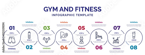 infographic template with icons and 8 options or steps. infographic for gym and fitness concept. included fitness shorts, bodybuilder, lifting dumbbells, female sportwear, barbell bench press,