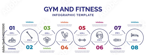 infographic template with icons and 8 options or steps. infographic for gym and fitness concept. included gym bag, broccoli porcion, fitness food, lifting barbell, headgear, athletic strap, sleep