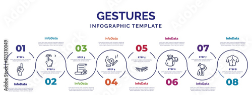 infographic template with icons and 8 options or steps. infographic for gestures concept. included finger up, decree, give up smoking, eyelid, money bag of dollars, dubious, body parts icons.