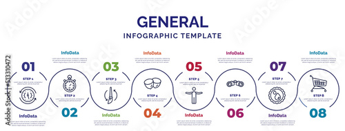 infographic template with icons and 8 options or steps. infographic for general concept. included clockwise, brush history, nuts, man with open arms, binocular, save water badge, shopping trolley