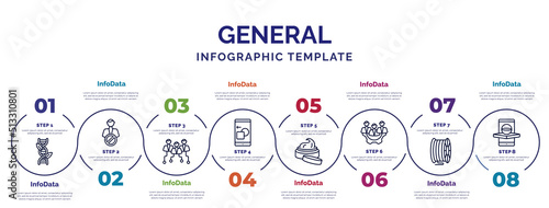 infographic template with icons and 8 options or steps. infographic for general concept. included gmo, hr strategy, digital product, beauty care, hr policies, filament, ar app icons.