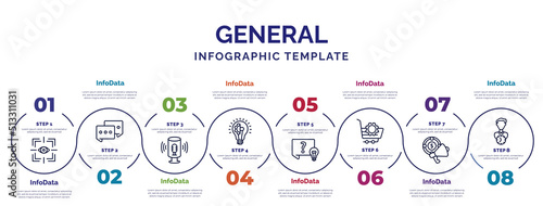 infographic template with icons and 8 options or steps. infographic for general concept. included trackability, smart assistant, realization, quiz, procurement, marketing budget, patience icons.