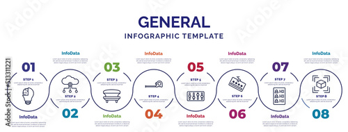 infographic template with icons and 8 options or steps. infographic for general concept. included invention, solarium, tape measure, sound control, password phishing, profile list, model preparation