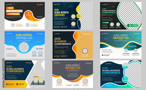 Horizontal Corporate business conference flyer template bundle and live webinar social media banner. Annual business workshop, webinar conference flyer