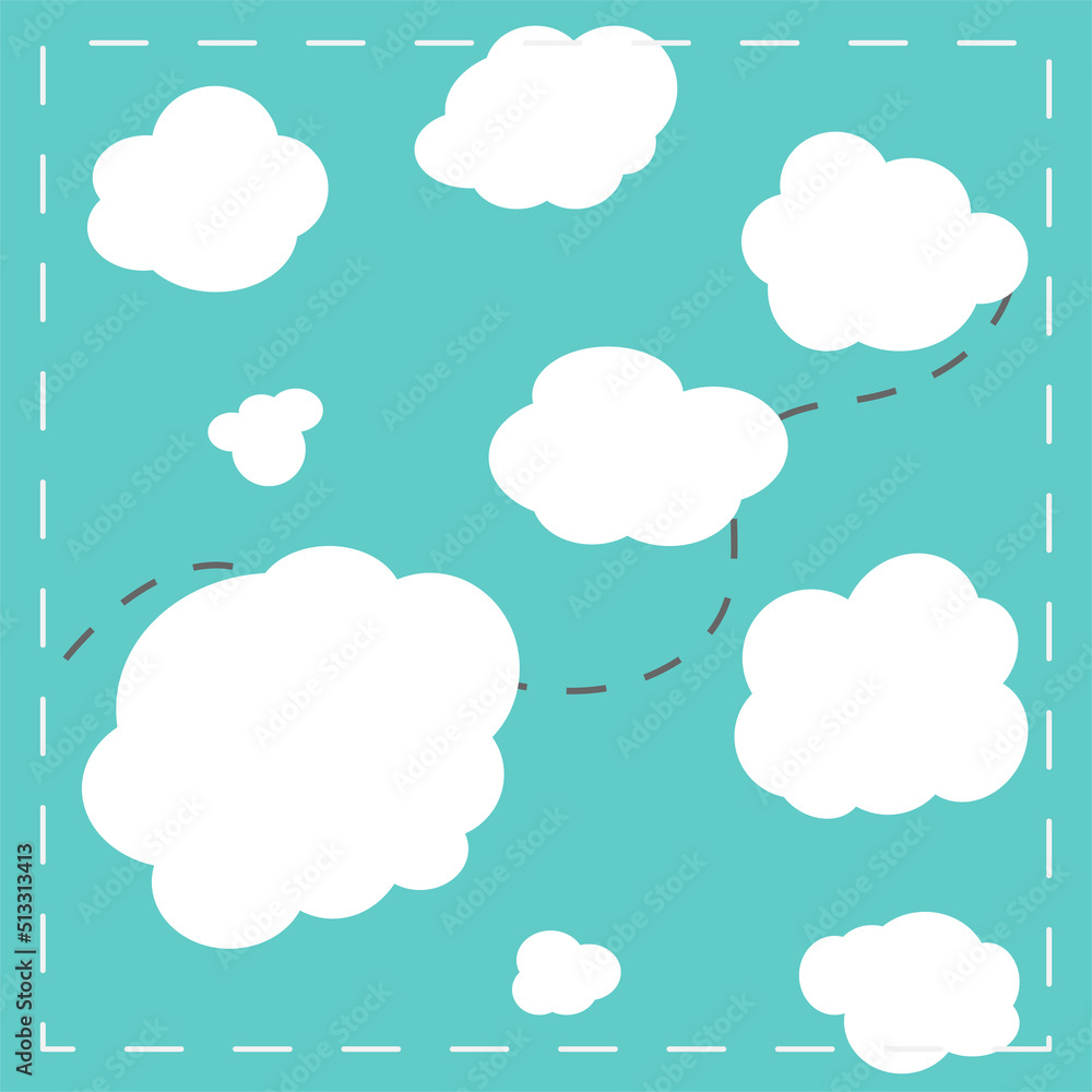 White clouds on blue sky background with line route, simple flat design. EPS 10