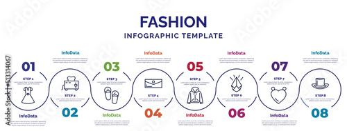 infographic template with icons and 8 options or steps. infographic for fashion concept. included dress with belt, pair sandals, purses, sweater with hood, diamond, heart pendant, cylinder hat