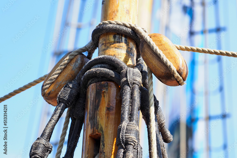 Ropes on the mast, old sailing ship, ship rigging, schooner