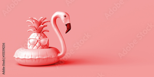 Summer concept with pineapple with sunglasses and inflatable flamingo float. Copy space. 3D illustration.
