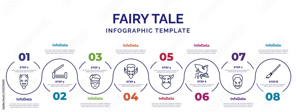 infographic template with icons and 8 options or steps. infographic for fairy tale concept. included evil, protagonist, dracula, ogre, griffin, joker, broomstick icons. - obrazy, fototapety, plakaty 