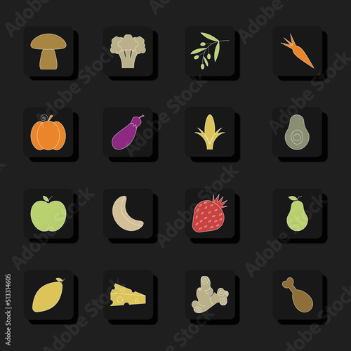 A set of linear food icons for the site on dark buttons