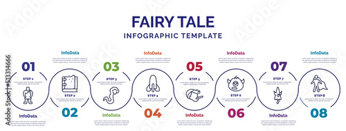 infographic template with icons and 8 options or steps. infographic for fairy tale concept. included giant, rapunzel, atomic bomb, pinocchio, cyclops, karakasakozou, hero icons.