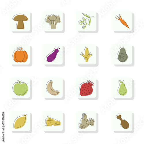 Set of linear icons on the buttons fruits, vegetables, berries, mushrooms