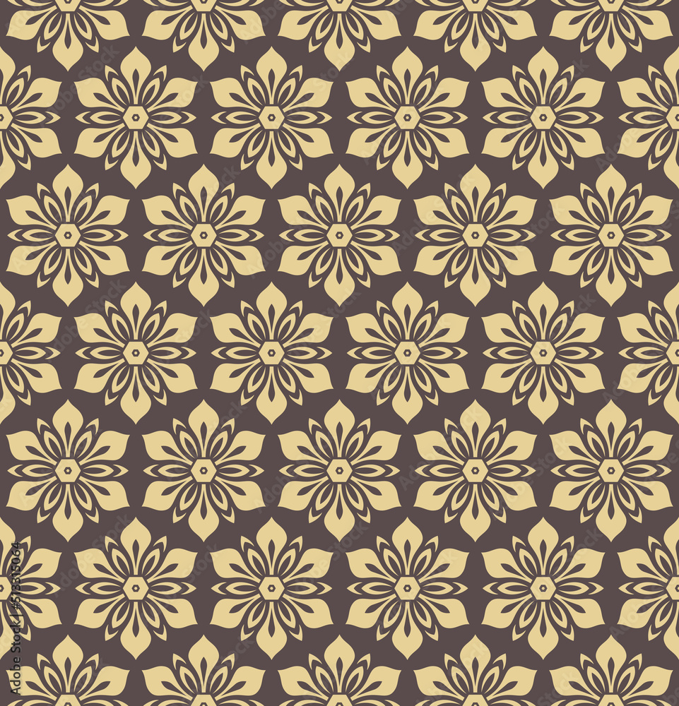 Floral brown and golden vector ornament. Seamless abstract classic background with flowers. Pattern with repeating floral elements. Ornament for wallpaper and packaging Floral brown and golden vector ornament. Seamless abstract classic background with flowers. Pattern with repeating floral elements. Ornament for wallpaper and packaging