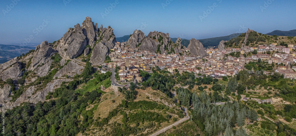 Panoramic view of Pietrapertosa rural village in Apennines Dolomiti Lucane, Potenza province Basilicata, Italy