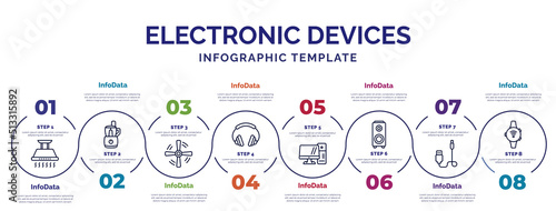 infographic template with icons and 8 options or steps. infographic for electronic devices concept. included exhaust hood, ceiling fan, earphones, personal computer, speakers, connector, smartband