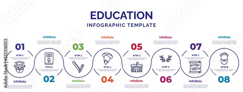 infographic template with icons and 8 options or steps. infographic for education concept. included owl, school material, don quixote, school, laurel wreath, papyrus, robinson crusoe icons.