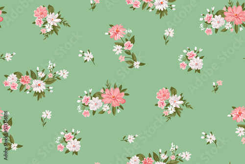 Contemporary summer floral pattern with blooming small flowers on lea for digital texture and dress in millefleur style ,botanical vector template