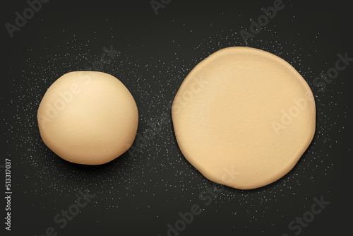 Vector 3d Realistic Fresh Raw Bread or Pizza Dough Pastry Ball Isolated. Mixing Dough with Flour. Template for Baking, Pizza, Biscuits, Bread, Baking Design. Bakery, Kitchen Concept. Top View