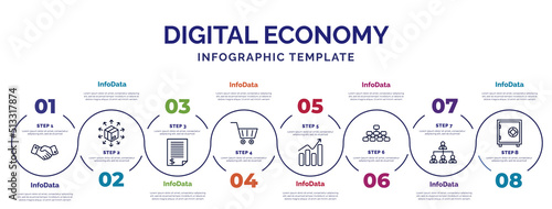 infographic template with icons and 8 options or steps. infographic for digital economy concept. included deal, bill, market, growth, hierarchical structure, organization, safebox icons.