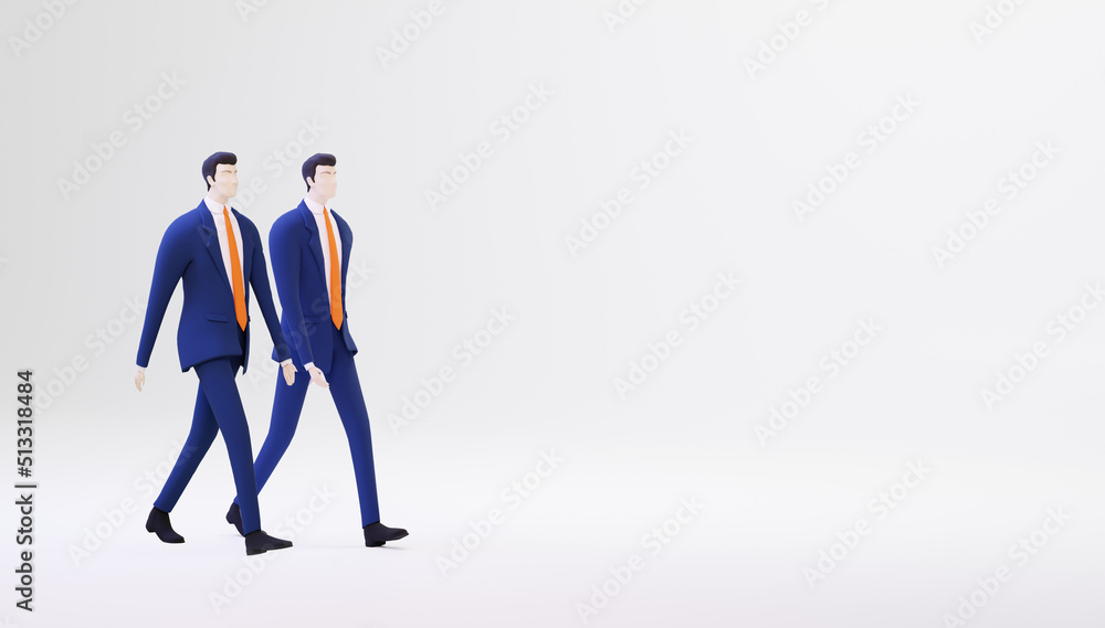 3D rendering illustration. Business people are  walking against  of white background with space for your text