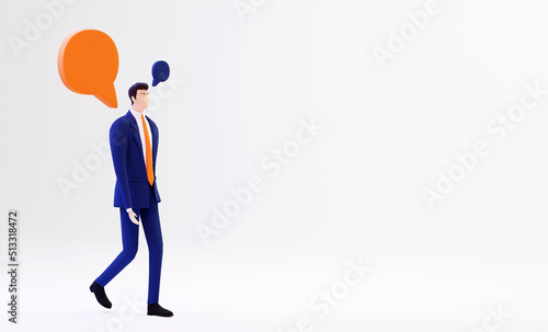 3D rendering illustration. Businessman with speech bubbles is walking against of white background with space for your text