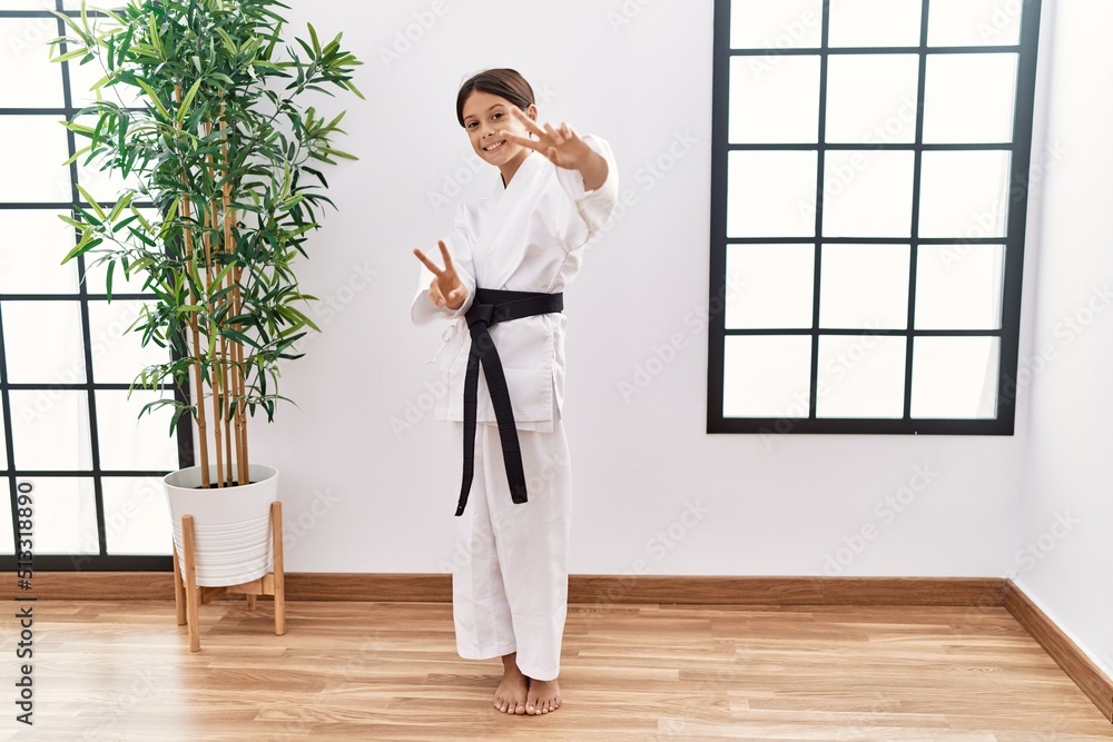 Young hispanic girl wearing karate kimono and black belt smiling looking to the camera showing fingers doing victory sign. number two. Young hispanic girl wearing karate kimono and black belt smiling looking to the camera showing fingers doing victory sign. number two.
