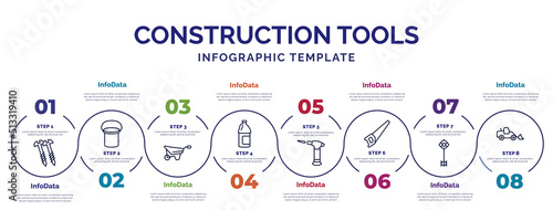 infographic template with icons and 8 options or steps. infographic for construction tools concept. included screws, wheel barrow, gallon oil, blowtorch, saw, antique key, loader icons.