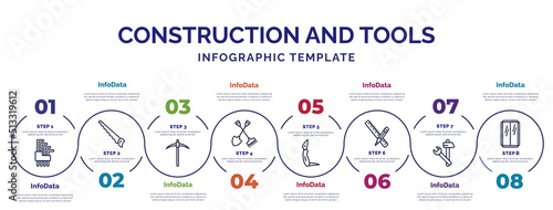 infographic template with icons and 8 options or steps. infographic for construction and tools concept. included allen keys, pickaxe, shovel and fork, jackknife, pencil ruler, improvement, glass