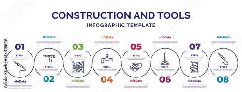 infographic template with icons and 8 options or steps. infographic for construction and tools concept. included solder, drain, relief valve, chop saw, soil, copper, iron soldering icons.