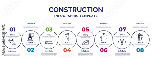 infographic template with icons and 8 options or steps. infographic for construction concept. included angle grinder, hacksaw, scraper, inclined, stopcock, , derrick facing right icons.